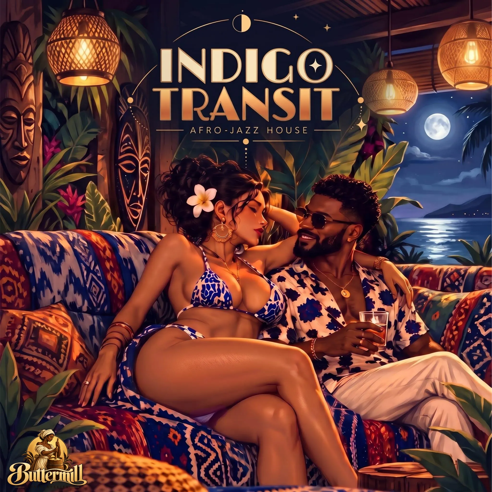 Indigo Transit album artwork: a couple relaxing in a lantern-lit tropical lounge beneath the moon