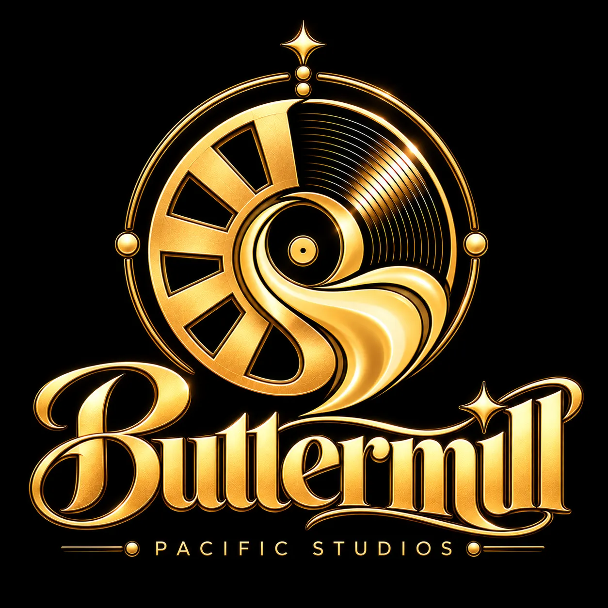 The gold Buttermill Pacific Studios emblem, combining a record, reel, and flowing sculptural forms